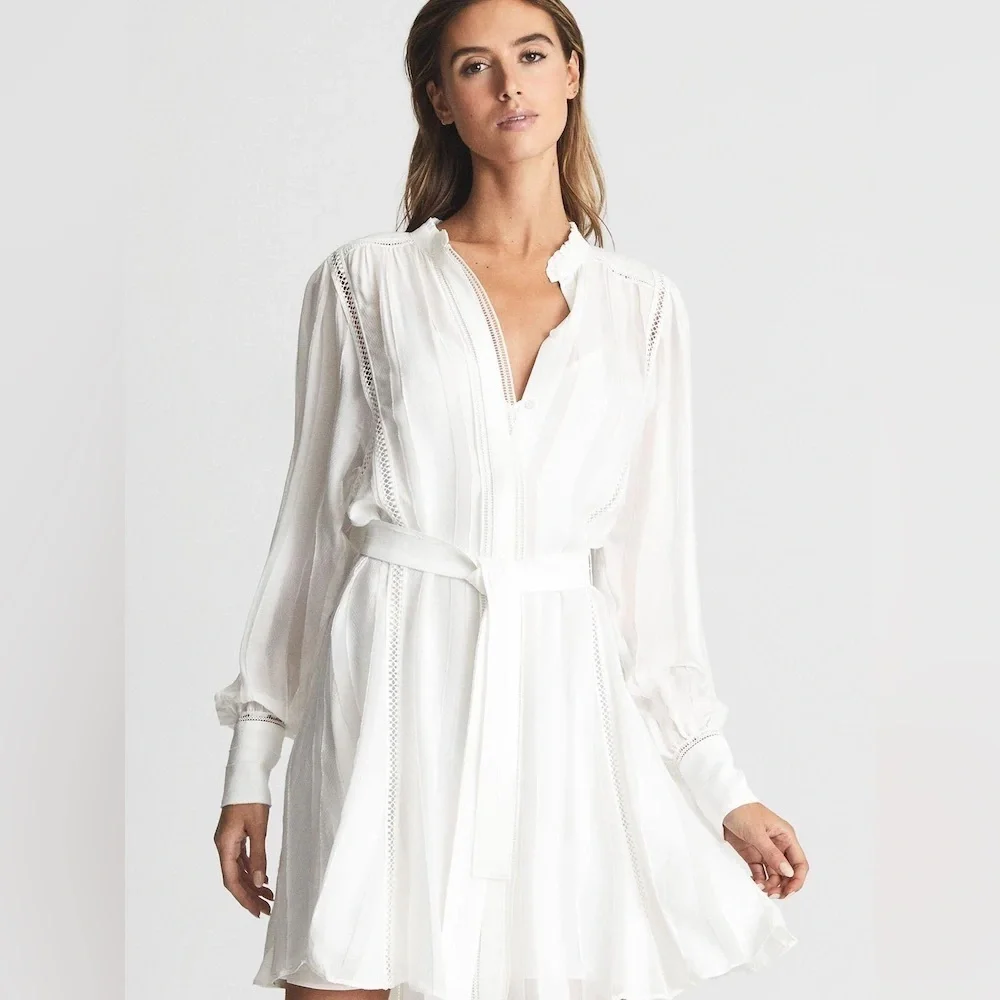 New! Reiss Harriet white ladder trim flippy long sleeve dress 41267